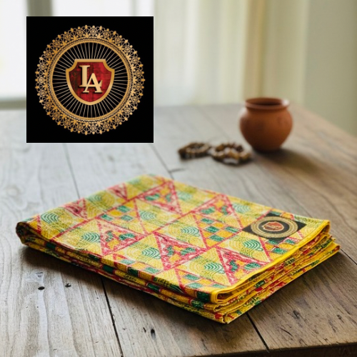 Tissu "L’Océane Géométrique" – Pagne de Luxe aux Motifs de Mailles (Bleu Indigo, Blanc & Corail)