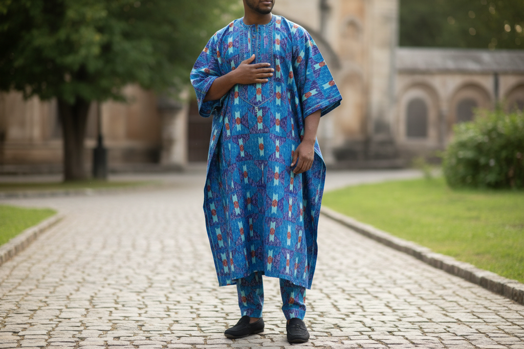 Tissu "Prisme Royal" - Pagne Haut de Gamme aux Motifs Géométriques (Bleu, Indigo & Terracotta)