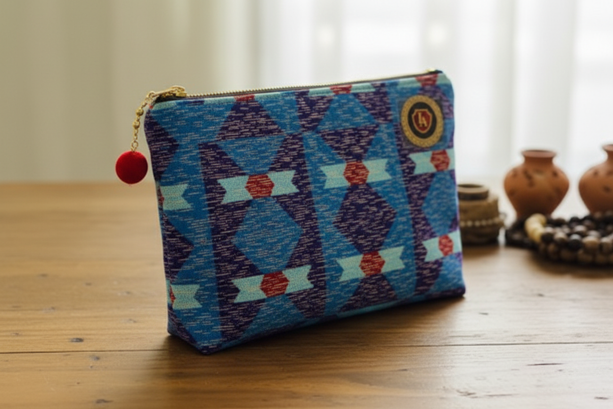 Tissu "Prisme Royal" - Pagne Haut de Gamme aux Motifs Géométriques (Bleu, Indigo & Terracotta)