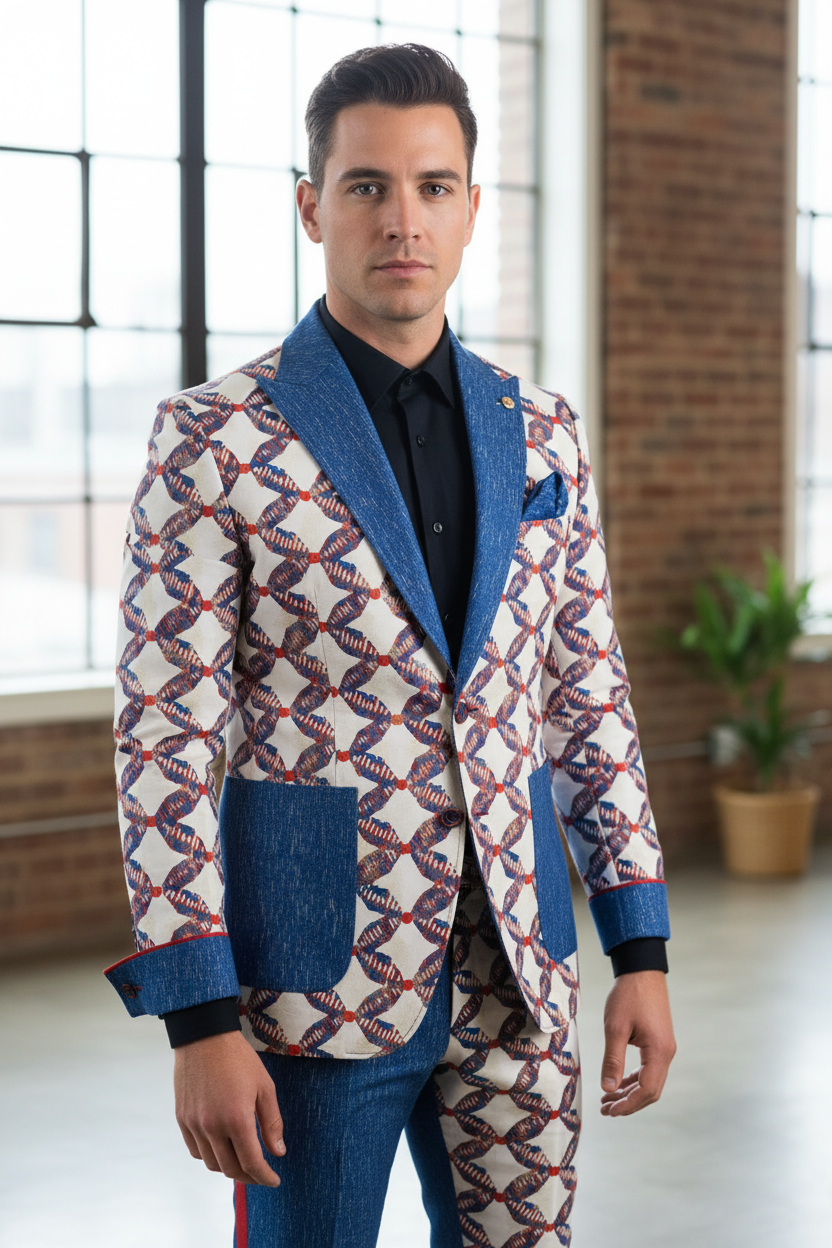 Tissu Prestige "L'Entrelacé Azur" – Pagne Haut de Gamme aux Motifs Géométriques (Bleu, Blanc & Corail)