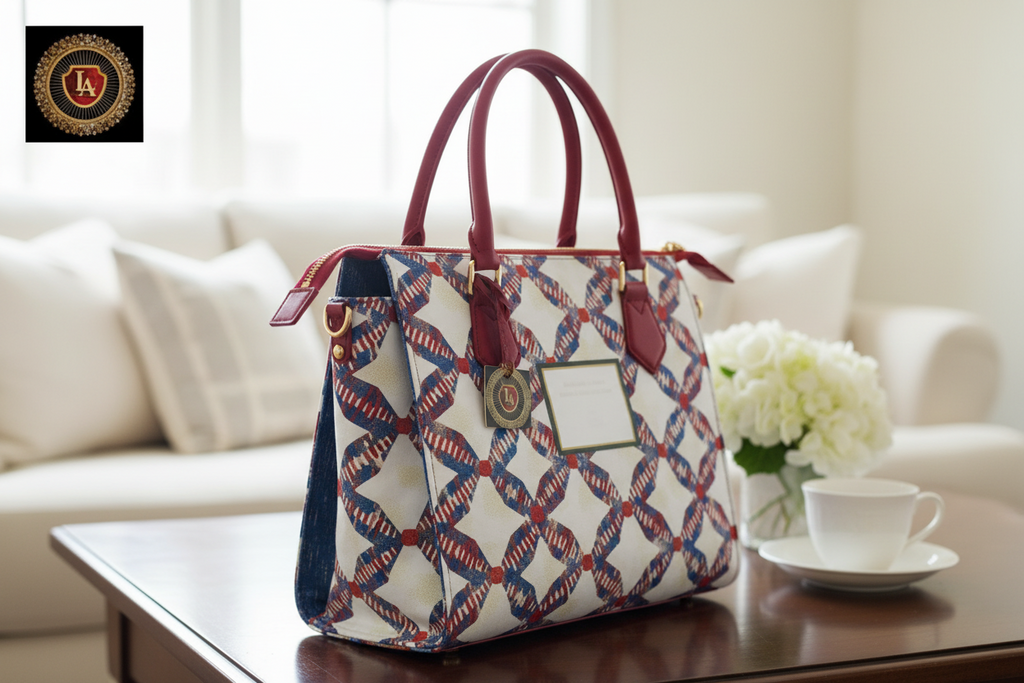 Tissu Prestige "L'Entrelacé Azur" – Pagne Haut de Gamme aux Motifs Géométriques (Bleu, Blanc & Corail)