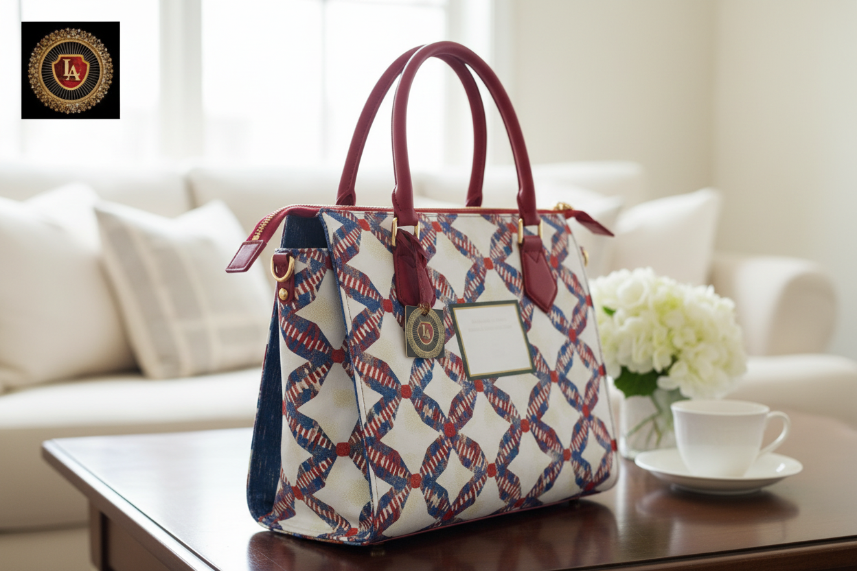 Tissu Prestige "L'Entrelacé Azur" – Pagne Haut de Gamme aux Motifs Géométriques (Bleu, Blanc & Corail)
